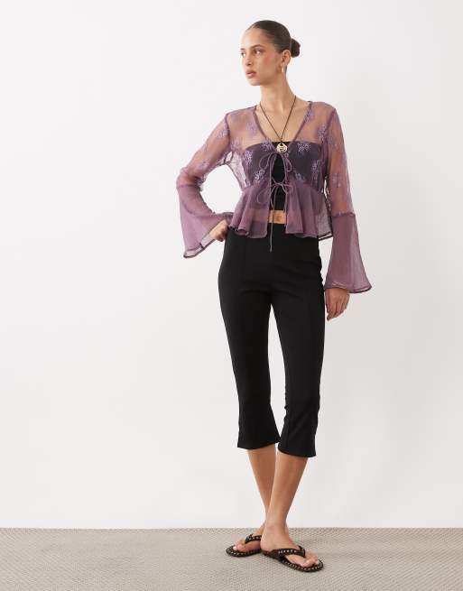 Miss Selfridge lace chiffon mix ruffle tie front blouse in grape, 2 of 4
