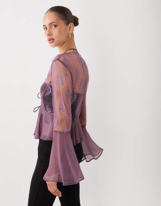 Miss Selfridge lace chiffon mix ruffle tie front blouse in grape, 3 of 4
