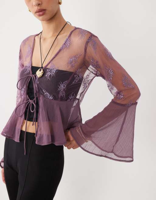 Miss Selfridge lace chiffon mix ruffle tie front blouse in grape, 4 of 4