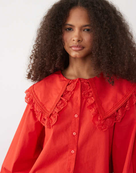 Miss Selfridge lace collar blouse in red - view 1