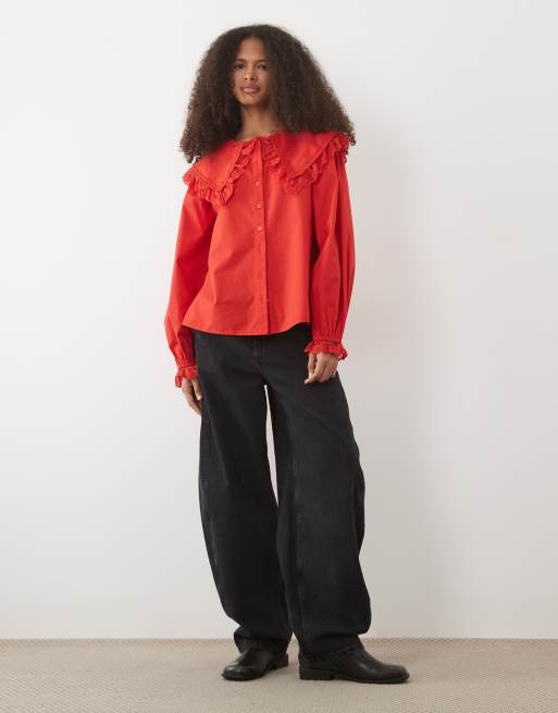 Miss Selfridge lace collar blouse in red, 3 of 4