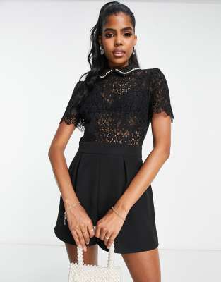 Miss Selfridge lace collared pearl trim 2 in 1 playsuit in black - ASOS Price Checker