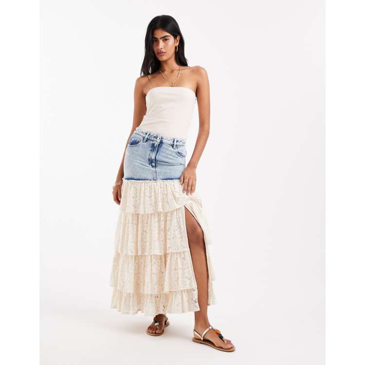 Miss Selfridge lace contrast denim maxi skirt in mid blue wash | ASOS