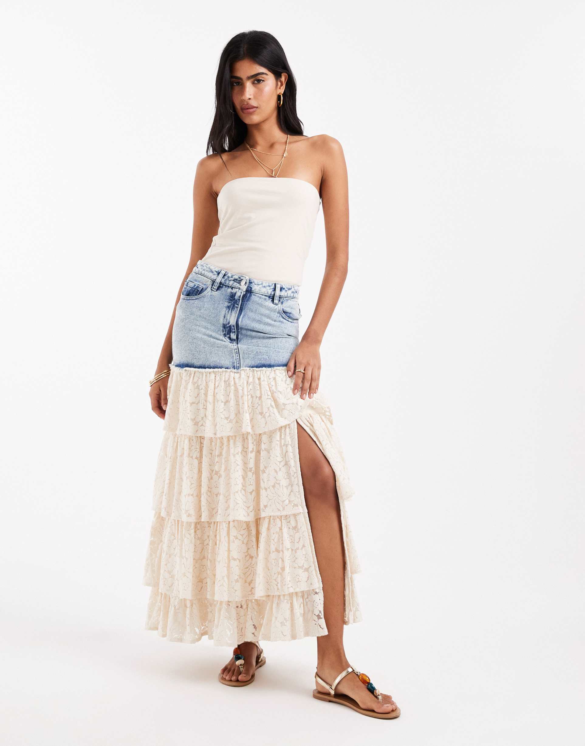 miss selfridge lace contrast denim maxi skirt in mid blue wash