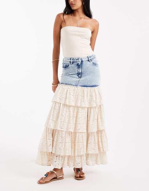 Miss Selfridge lace contrast denim maxi skirt in mid blue wash, 5 of 5