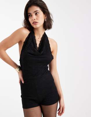 Miss Selfridge Miss Selfridge lace cowl neck playsuit with scarf detail in black