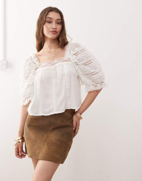 Miss Selfridge lace crochet mix blouse in cream - view 1