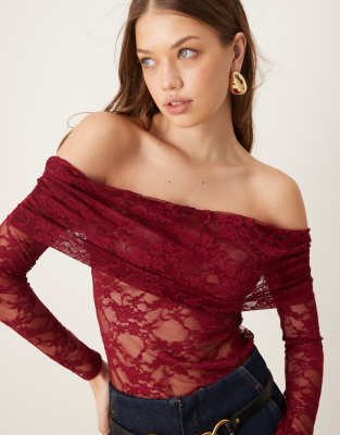 Miss Selfridge Lace Deep Fold Over Top In Wine-red