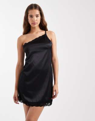 Miss Selfridge Lace Detail Asymmetric Satin Mini Dress-black In Black