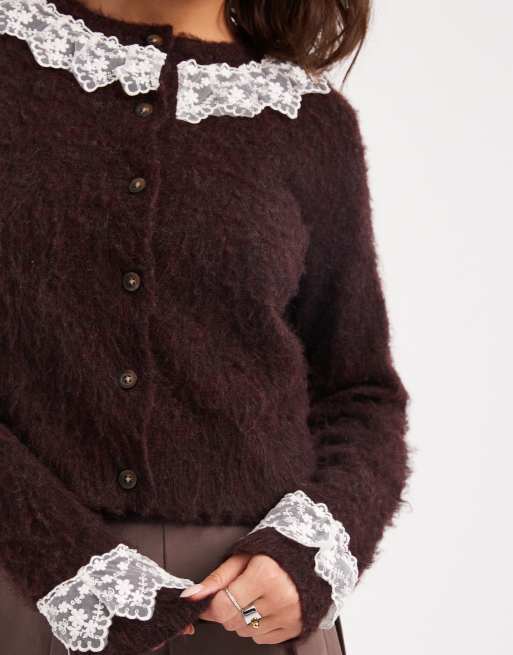 Miss Selfridge lace detail cardigan co-ord in plum, 3 of 4
