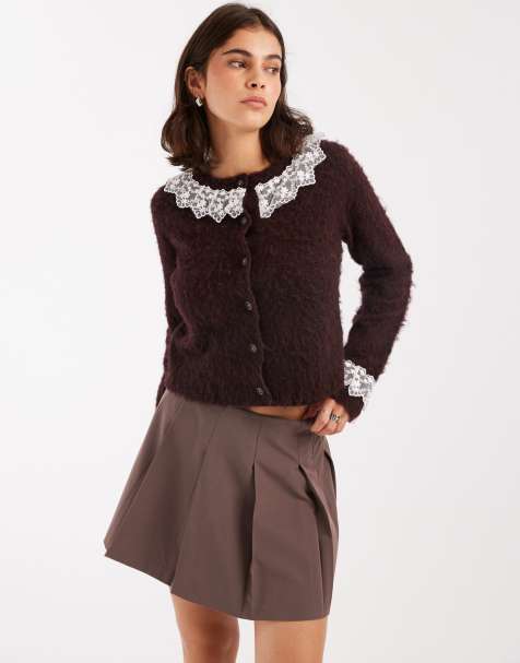 Miss Selfridge lace detail cardigan in plum (part of a set) - view 1