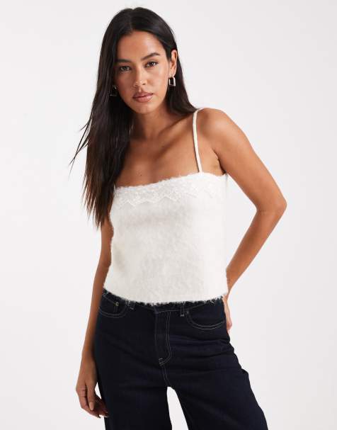 Miss Selfridge lace detail knit cami co-ord in cream - view 1