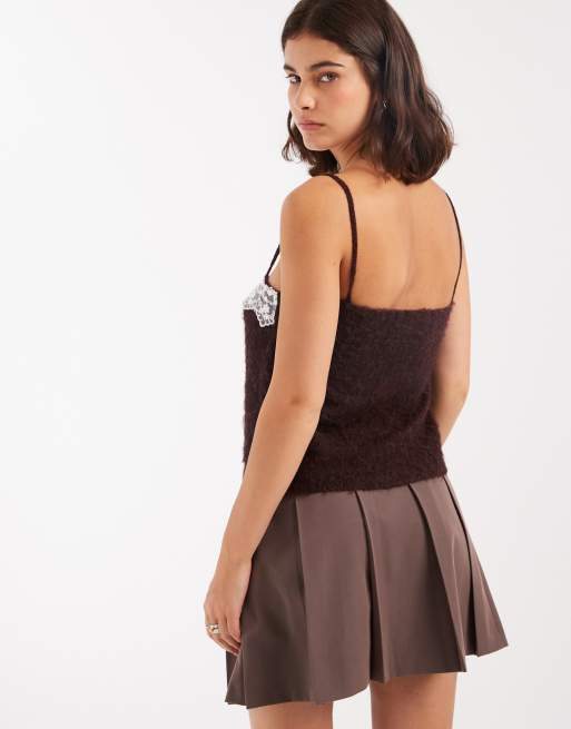 Miss Selfridge lace detail knit cami co-ord in plum, 2 of 4