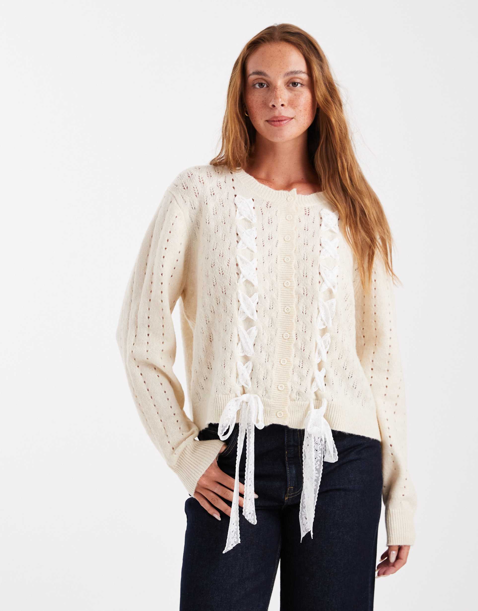 miss selfridge lace detail pointelle crew cardigan in cream