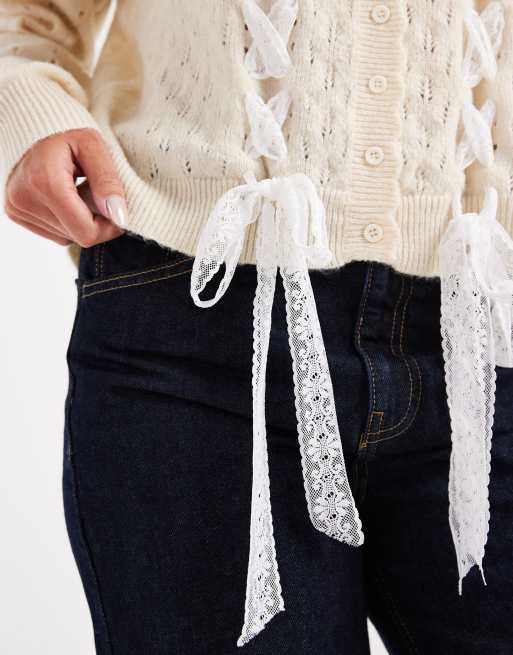 Miss Selfridge lace detail pointelle crew cardigan in cream, 2 of 4