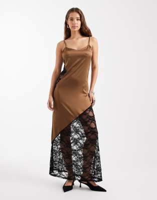 Miss Selfridge Lace Detail Satin Maxi Dress-brown
