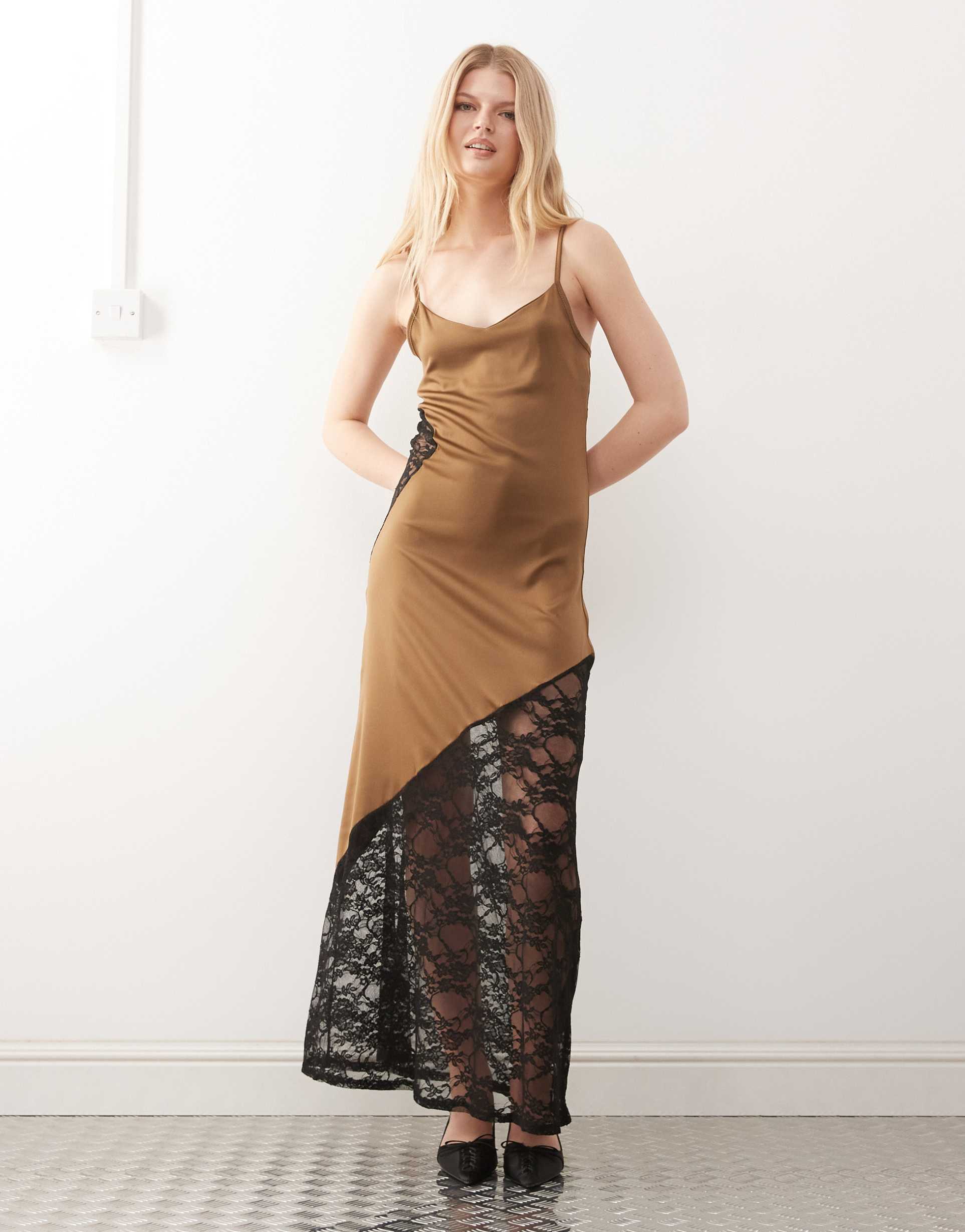 miss selfridge lace detail satin maxi dress