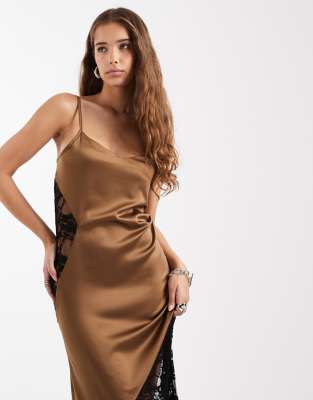 Miss Selfridge Lace Detail Satin Maxi Dress-brown In Brown