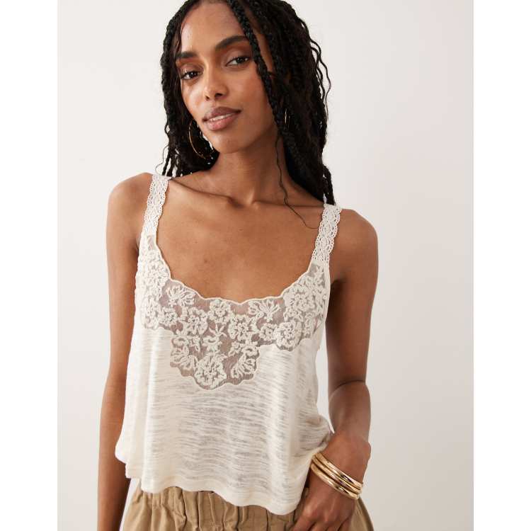 Miss Selfridge lace detail slub tank top in cream | ASOS