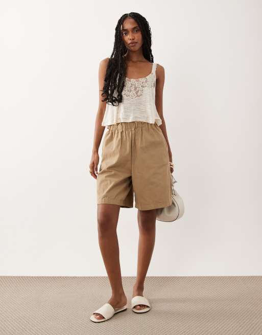 Miss Selfridge lace detail slub tank top in cream, 3 of 4
