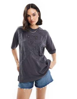 Miss Selfridge lace embroidered oversized t-shirt in charcoal acid wash-No colour