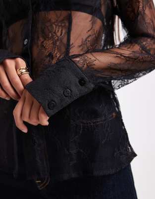 Miss Selfridge Lace Fitted Shirt In Black