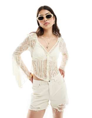 Miss Selfridge Lace Flared Sleeve Button Up Blouse In Ecru-white