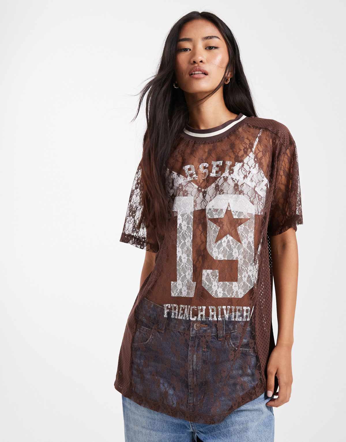 Miss Selfridge lace football top in chocolate