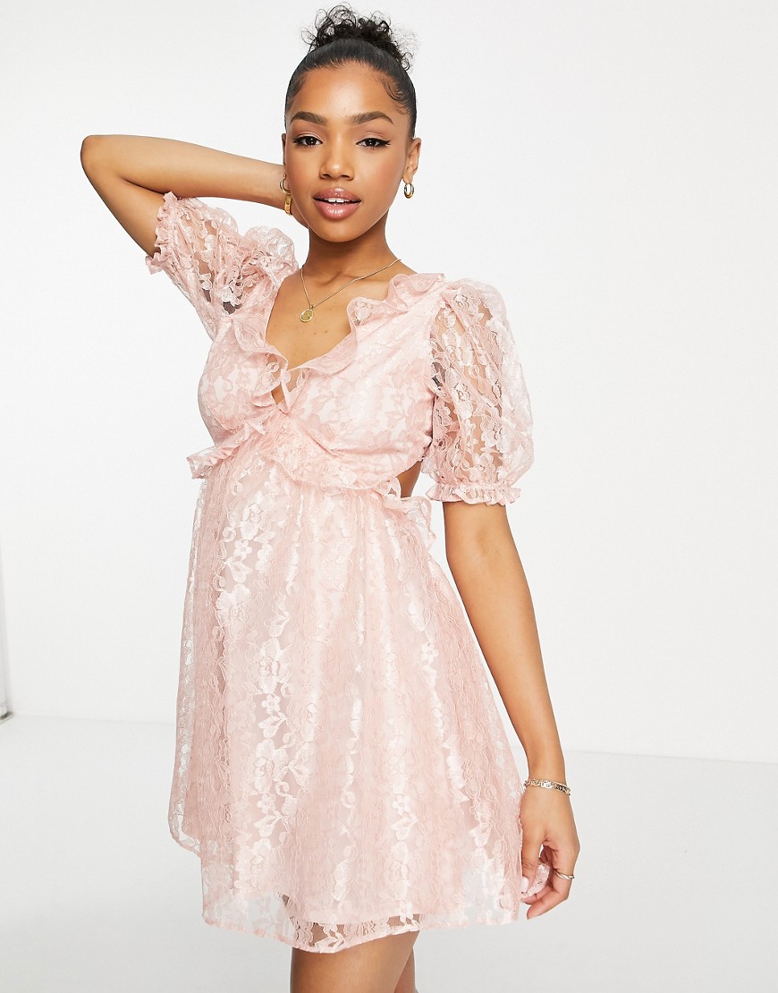 Miss Selfridge lace frill detail cut out mini dress in blush-Pink