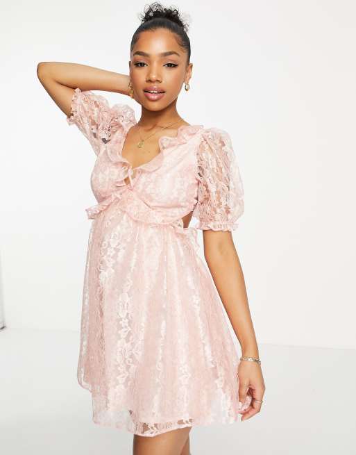 Miss Selfridge lace frill detail cut out mini dress in blush