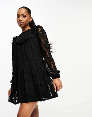 Miss Selfridge Lace Frill Detail Smock Dress In Black