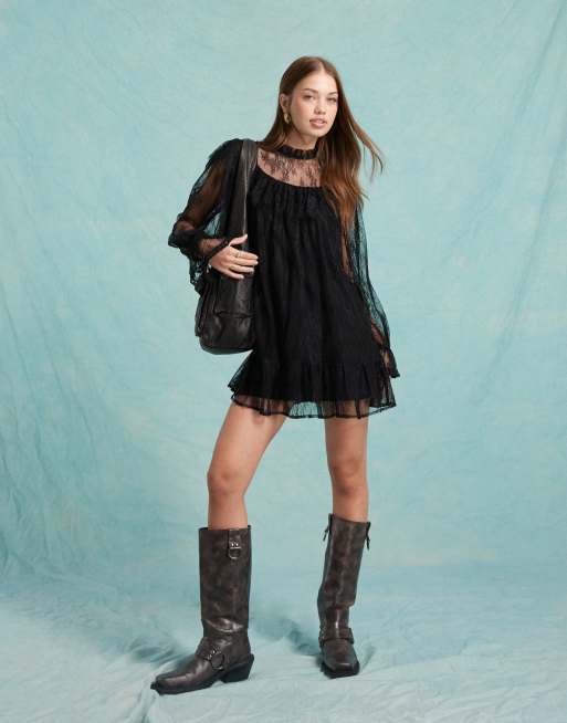 Miss Selfridge lace frill smock dress in black ASOS