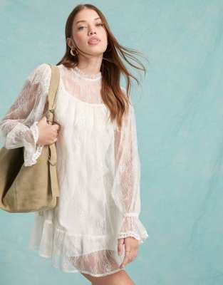 lace frill smock dress in ivory-White