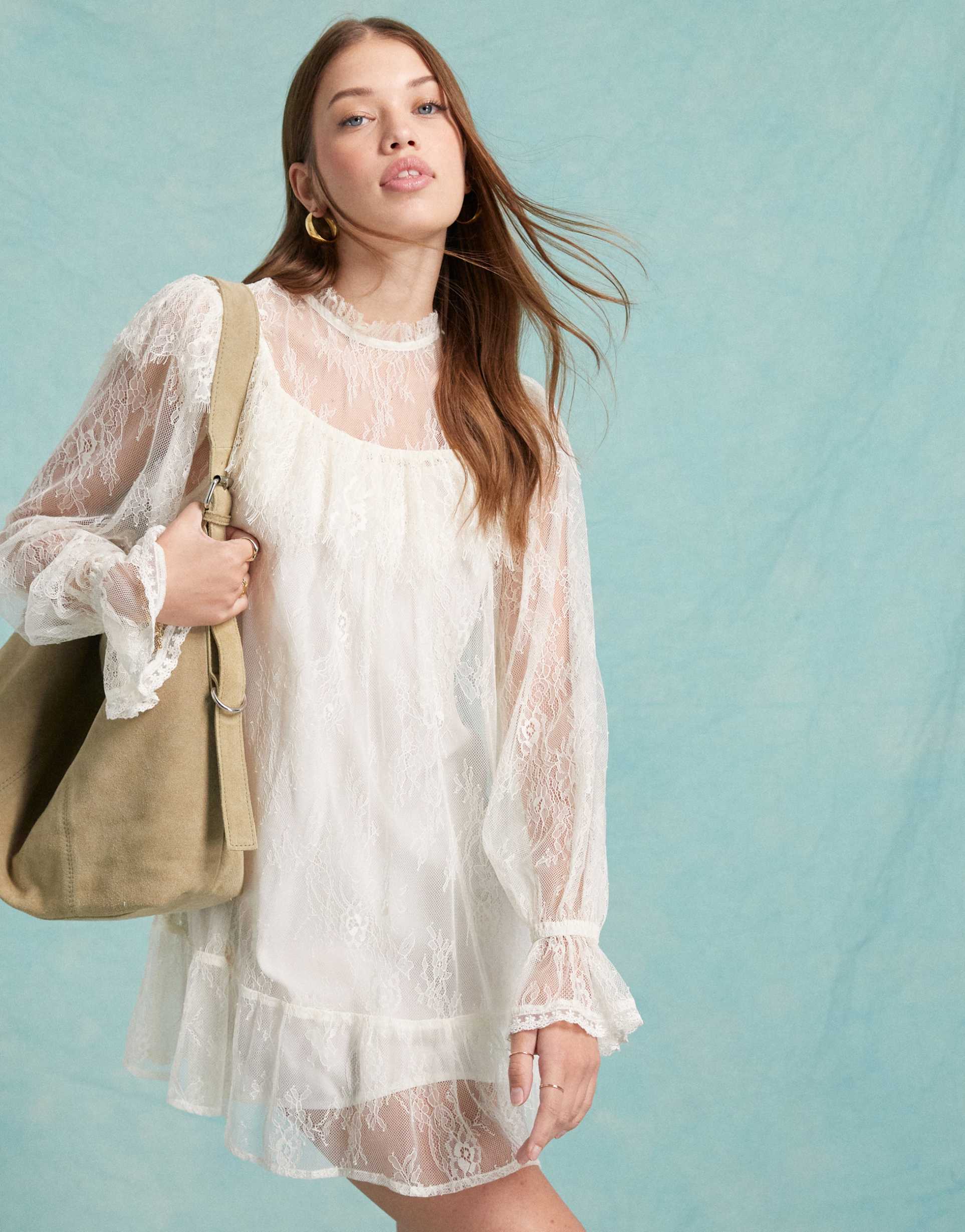 miss selfridge lace frill smock dress in ivory