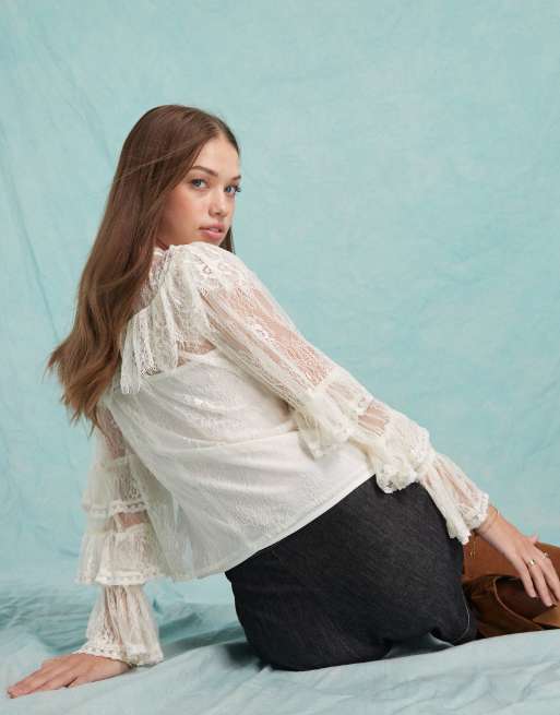 Miss Selfridge lace frill top in ivory | ASOS