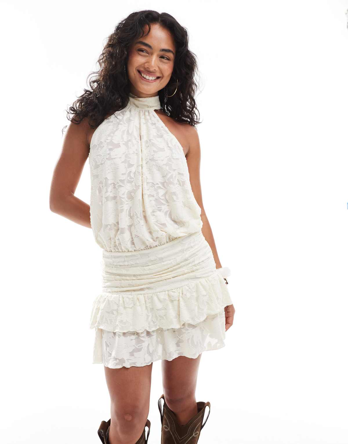 Miss Selfridge lace halter backless summer mini dress in ivory
