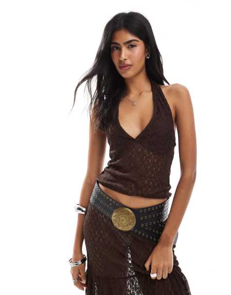 Miss Selfridge lace halterneck top co ord in chocolate