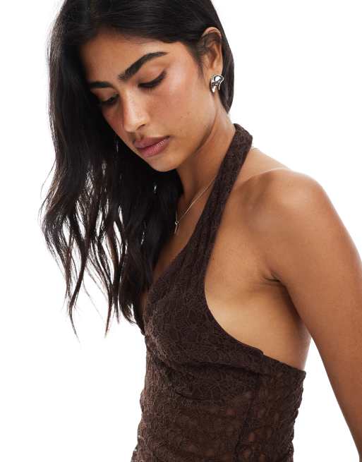 Miss Selfridge lace halterneck top in chocolate - part of a set, 4 of 4