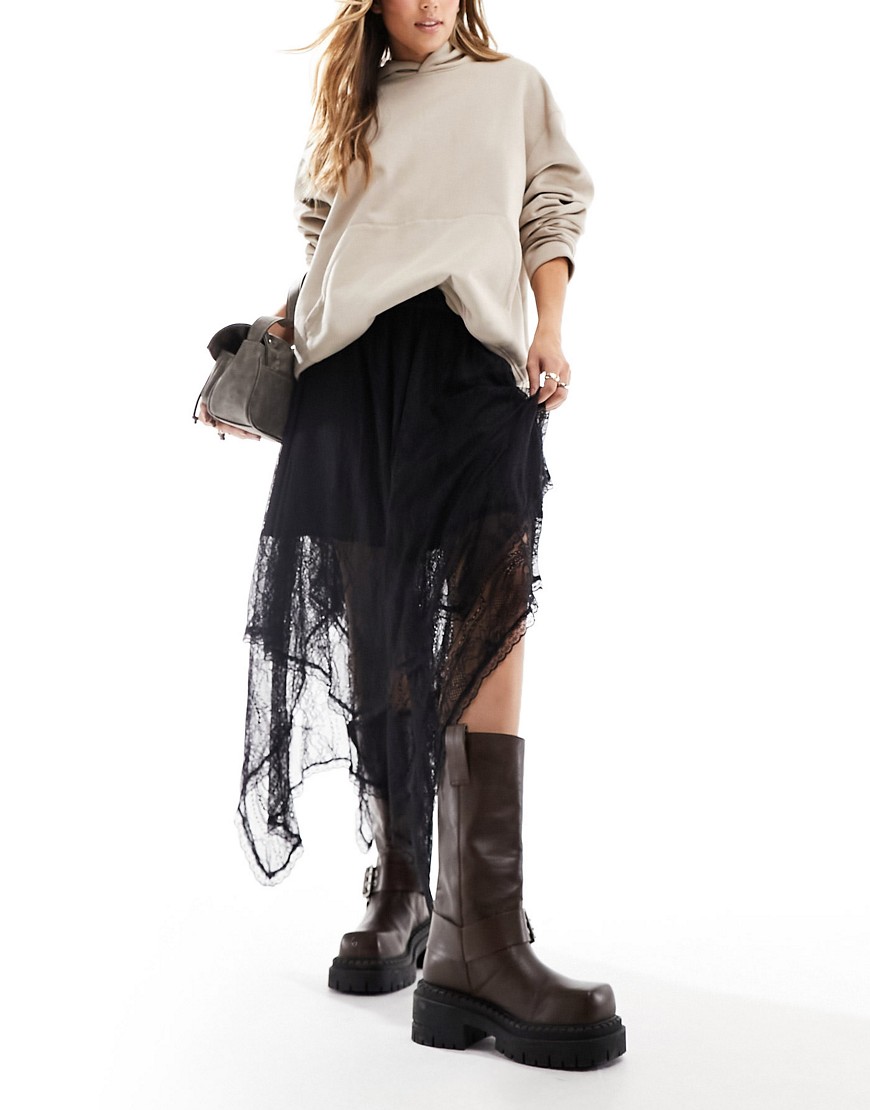 Miss Selfridge lace hanky hem maxi skirt-Black
