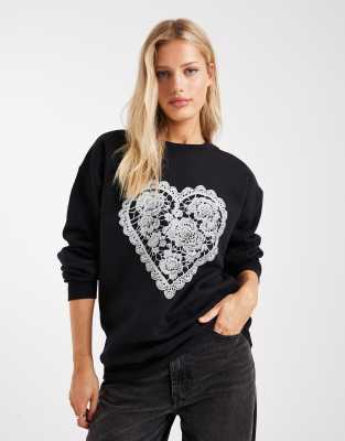 Miss Selfridge Lace Heart Sweatshirt In Black