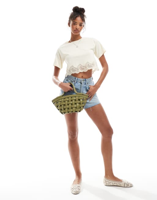 Miss Selfridge lace hem short sleeve t-shirt in buttermilk, 2 of 4