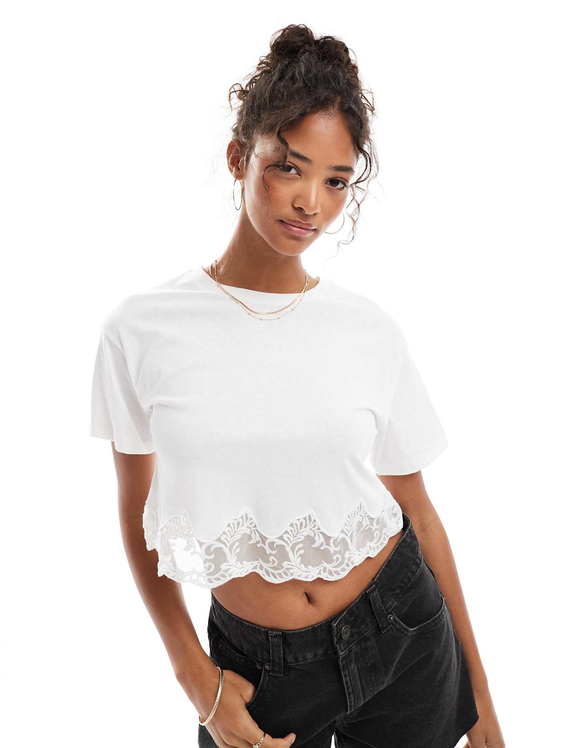 miss selfridge lace hem short sleeve t-shirt in white