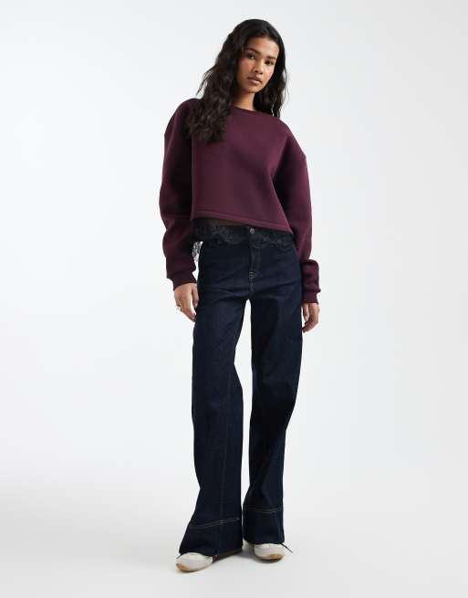 Miss Selfridge lace hem sweatshirt in plum, 3 of 4