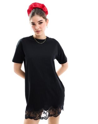 Miss Selfridge Lace Hem T Shirt Dress In Black