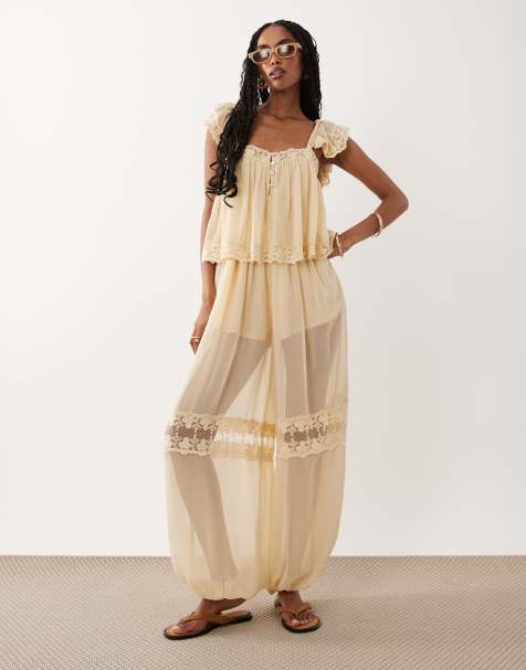 Miss Selfridge lace insert bloomer jumpsuit in ecru - view 1