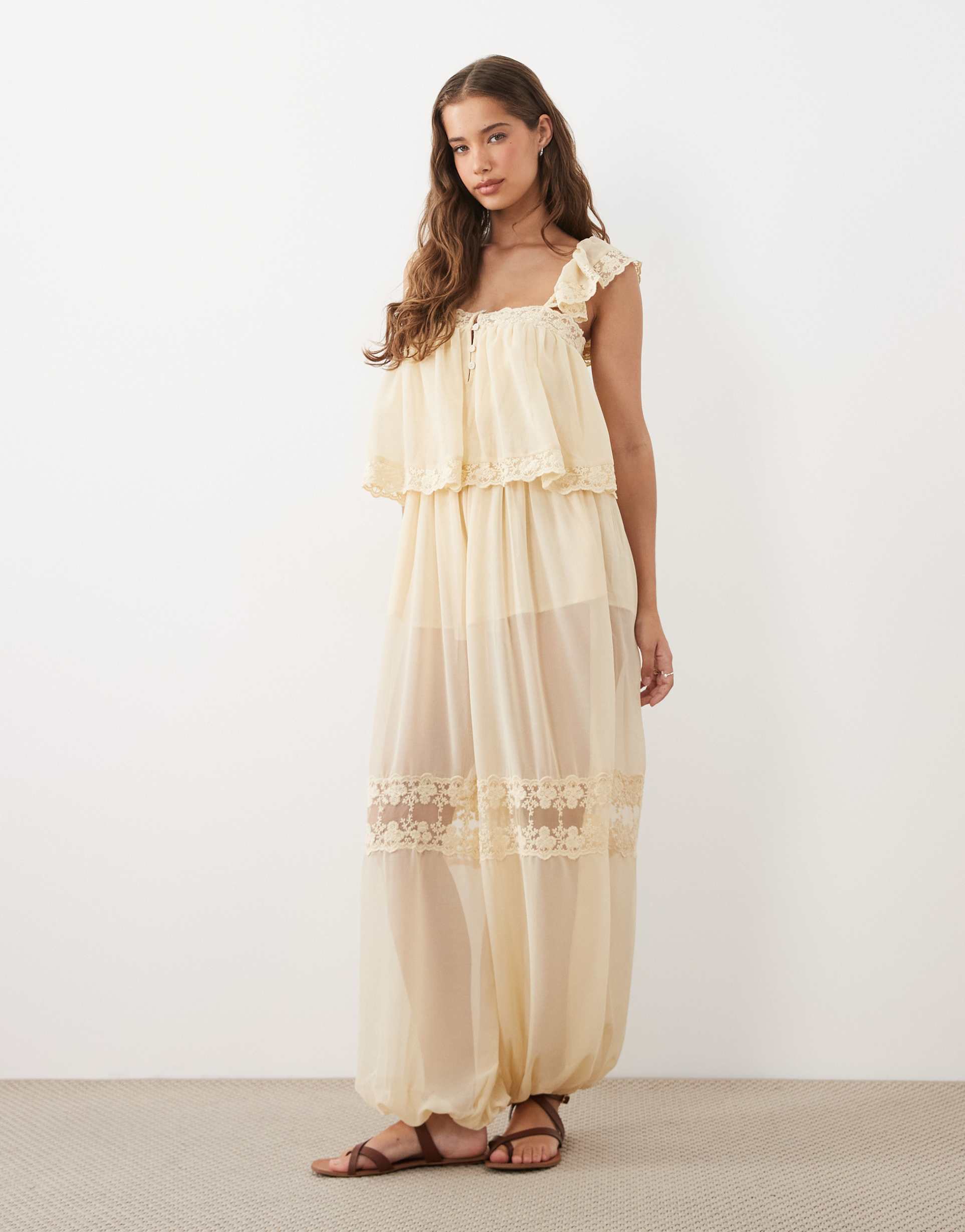 miss selfridge lace insert bloomer jumpsuit in ecru