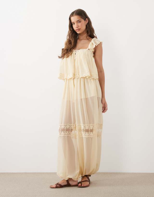 Miss Selfridge lace insert bloomer jumpsuit in ecru | ASOS
