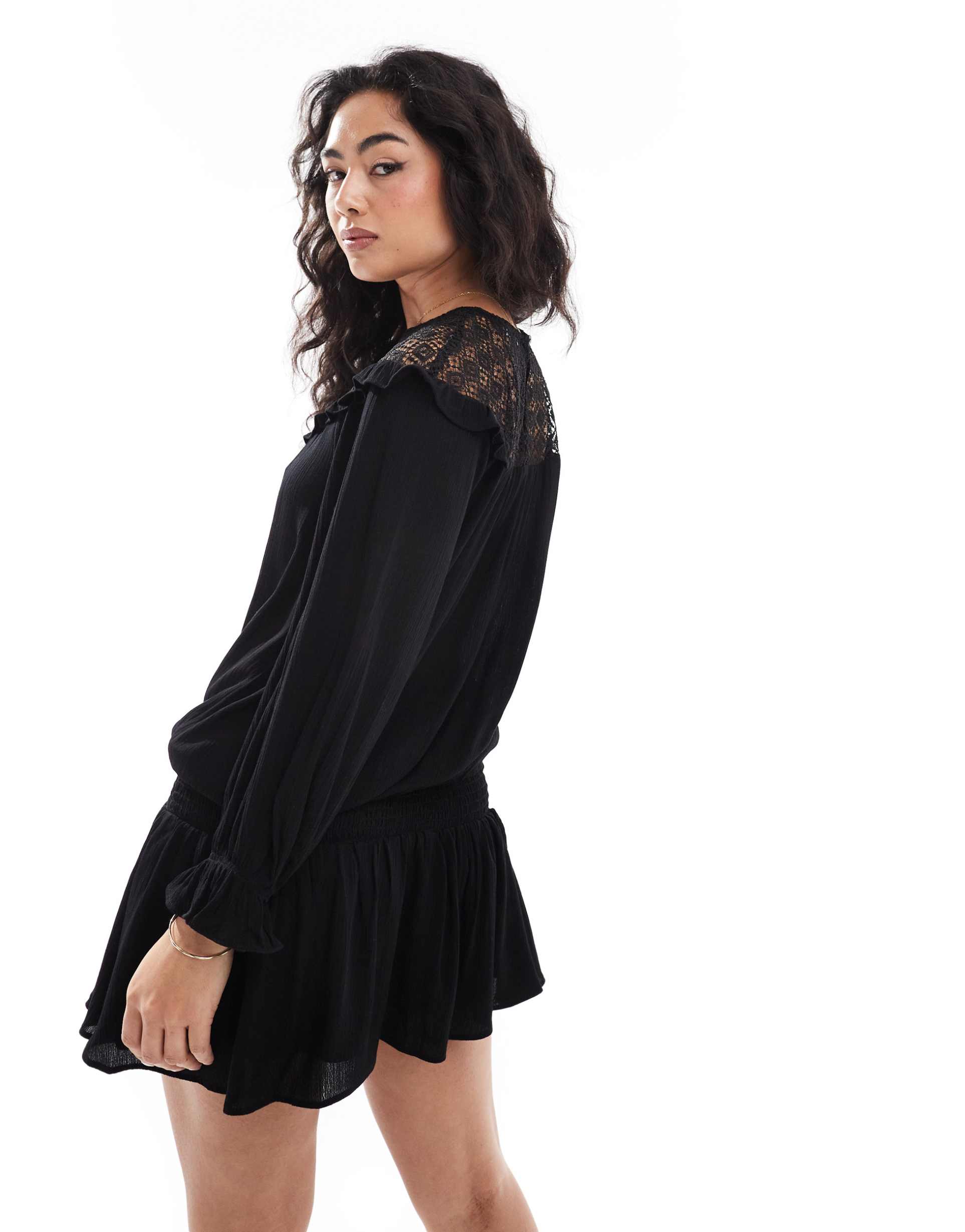 miss selfridge lace insert boho western mini dress in black
