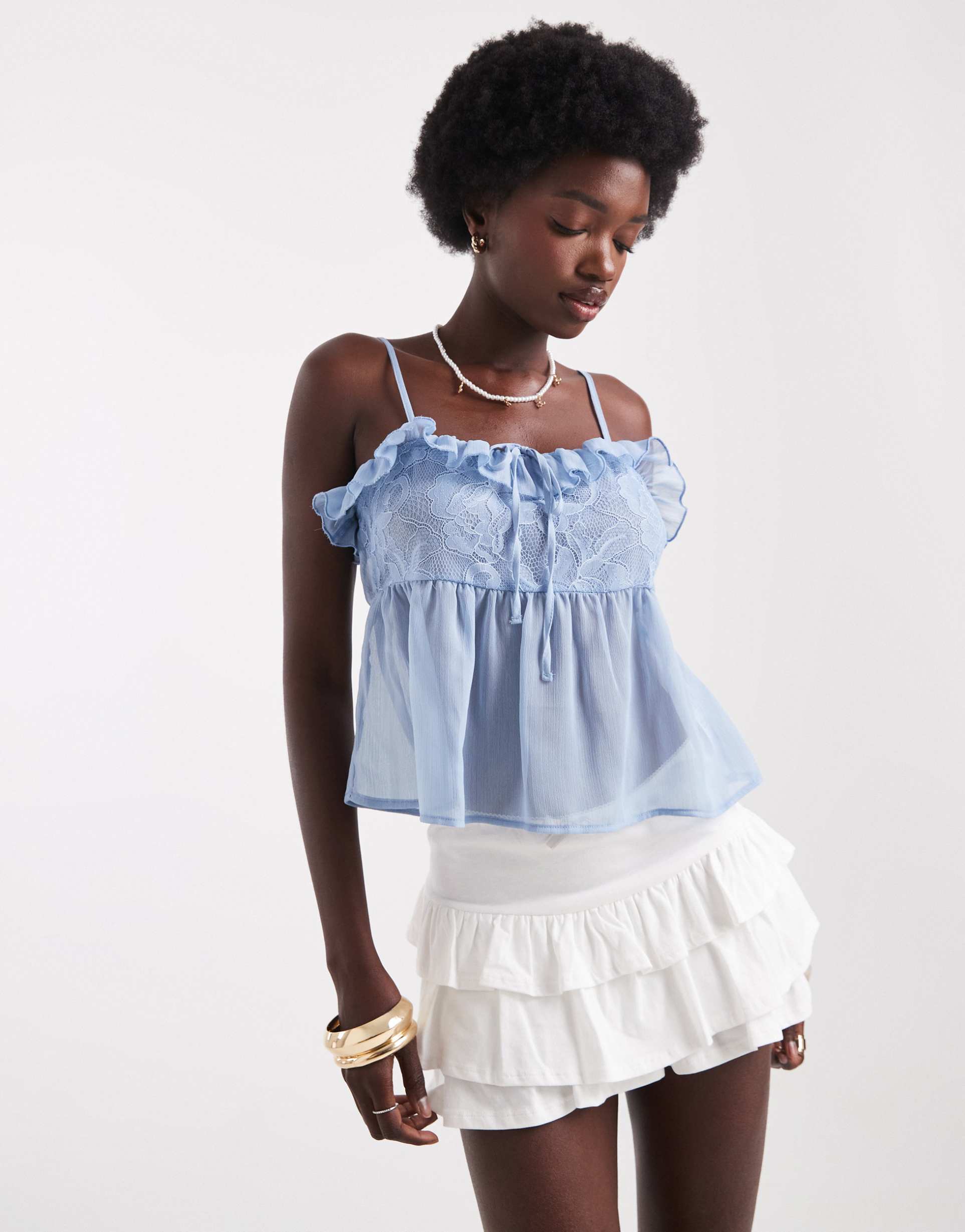 miss selfridge lace insert cami top in baby blue