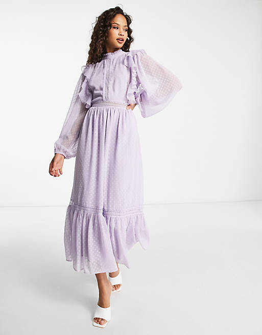 Miss Selfridge lace insert chiffon midi dress in lilac | ASOS